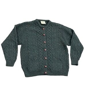 Carraig Donn Aran Cable Knit Wool Cardigan Sweater Green Ireland Small Fisherman